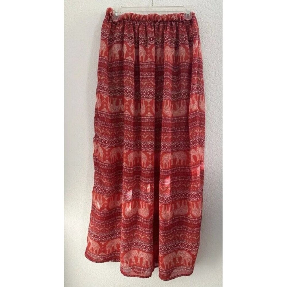 Blue Rain Pleated Elephant Sheer Maxi‎ Skirt M Red Lined Elastic Waist Bohemian
